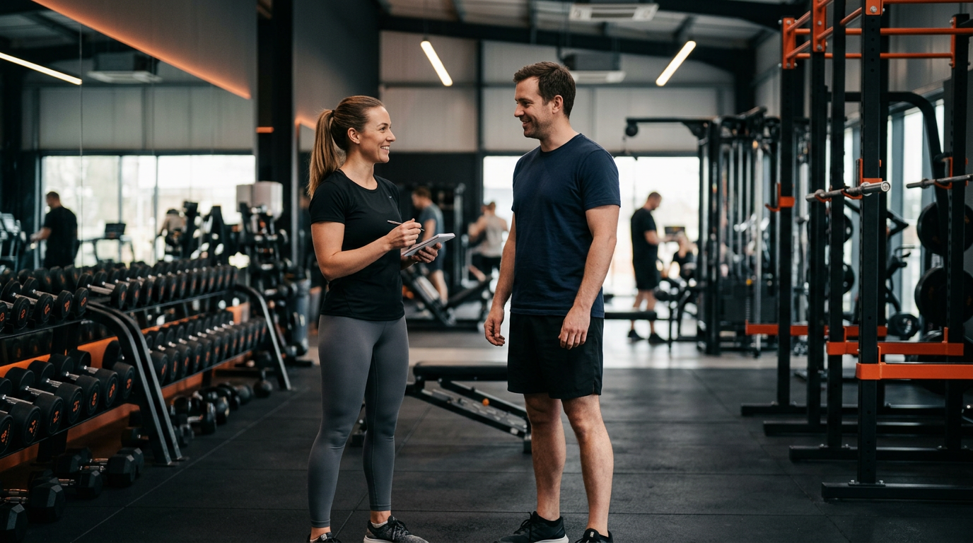 Personal trainer meeting with a client in gym attire for a first consultation at Legacy Health and Fitness